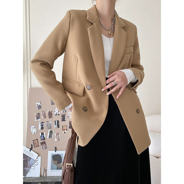 Casual Simple Suit Jacket Women 2023 Spring Autumn Double-breasted Slim Small Blazer Suit OL Outer Wear Top LR2280