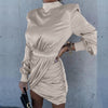Casual Slim Bandage Bodycon Mini Dress Autumn Turtleneck Draped Satin Party Dress Women Spring Solid Long Sleeve Office Dresses
