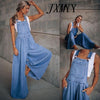 Casual Solid Color Denim Jumpsuits Women Elegant Mid Waist Loose Pocket Romper Lady Spring Summer Wide Leg Pants Cowboy Overalls