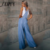 Casual Solid Color Denim Jumpsuits Women Elegant Mid Waist Loose Pocket Romper Lady Spring Summer Wide Leg Pants Cowboy Overalls