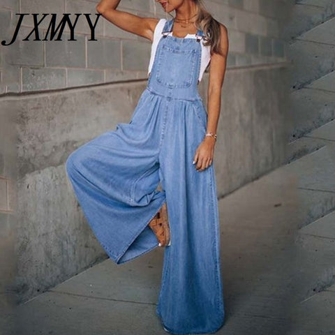 Casual Solid Color Denim Jumpsuits Women Elegant Mid Waist Loose Pocket Romper Lady Spring Summer Wide Leg Pants Cowboy Overalls