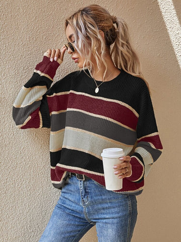 Casual Striped Women Pullover Autumn Winter Loose Knitted Sweater Vintage Long Sleeve Knitwear Female O Neck Jumpers Streetwear