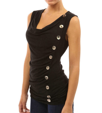 Casual Summer Women T-shirt Button Tank Tops Cowl Neck Sleeveless Slim Shirt Sheath Fashion Women T Shirts