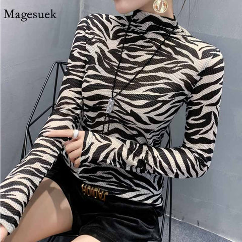 Casual Turtleneck Women Cool Streetwear Women Blouse Zebra Stripe Slim Women Shirts Long Sleeve Shirt Blouses 11369