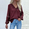 Casual V-Neck Women T-shirt Autumn Lace Patchwork Long Sleeve Tops Female Solid Hollow Out Blouses Vintage Loose Office Shirts