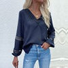 Casual V-Neck Women T-shirt Autumn Lace Patchwork Long Sleeve Tops Female Solid Hollow Out Blouses Vintage Loose Office Shirts