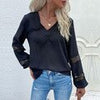 Casual V-Neck Women T-shirt Autumn Lace Patchwork Long Sleeve Tops Female Solid Hollow Out Blouses Vintage Loose Office Shirts
