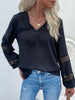 Casual V-Neck Women T-shirt Autumn Lace Patchwork Long Sleeve Tops Female Solid Hollow Out Blouses Vintage Loose Office Shirts