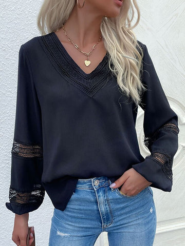 Casual V-Neck Women T-shirt Autumn Lace Patchwork Long Sleeve Tops Female Solid Hollow Out Blouses Vintage Loose Office Shirts