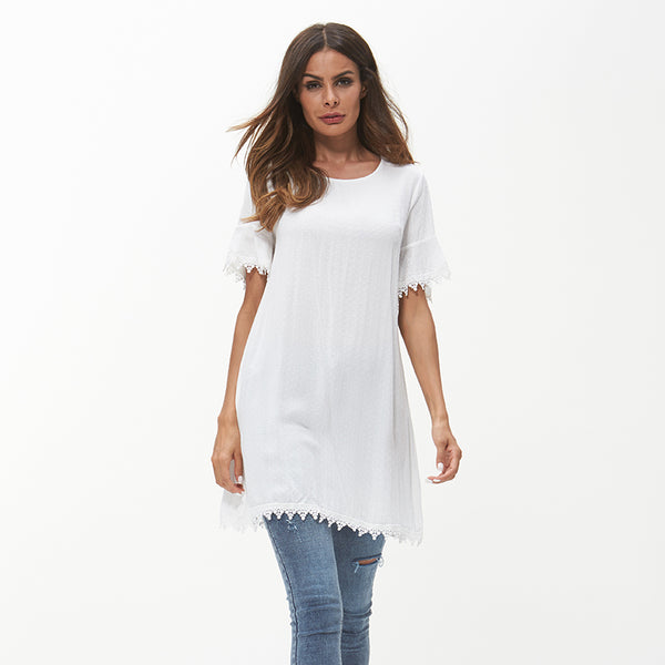 Casual White Cotton Lace Up Women's Shirt 2022 Summer Loose Boho Chic Short Sleeve Tunic Sexy Open Back Tops Blusas 2022 News