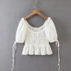 Casual White Lace Up Blouse Shirts Women Summer Backless Ruffle Crop Tops Puff Sleeve Vintage Blusa Mujer Chic Tops 2023