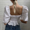 Casual White Lace Up Blouse Shirts Women Summer Backless Ruffle Crop Tops Puff Sleeve Vintage Blusa Mujer Chic Tops 2023