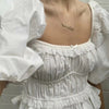 Casual White Lace Up Blouse Shirts Women Summer Backless Ruffle Crop Tops Puff Sleeve Vintage Blusa Mujer Chic Tops 2023