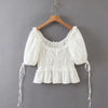 Casual White Lace Up Blouse Shirts Women Summer Backless Ruffle Crop Tops Puff Sleeve Vintage Blusa Mujer Chic Tops 2023