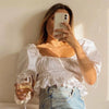 Casual White Lace Up Blouse Shirts Women Summer Backless Ruffle Crop Tops Puff Sleeve Vintage Blusa Mujer Chic Tops 2023