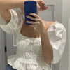 Casual White Lace Up Blouse Shirts Women Summer Backless Ruffle Crop Tops Puff Sleeve Vintage Blusa Mujer Chic Tops 2023