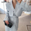 Casual White Two Piece Set For Women Notched Long Sleeve Blazer High Waist Irregular Hem Skirt Female Korean Sets