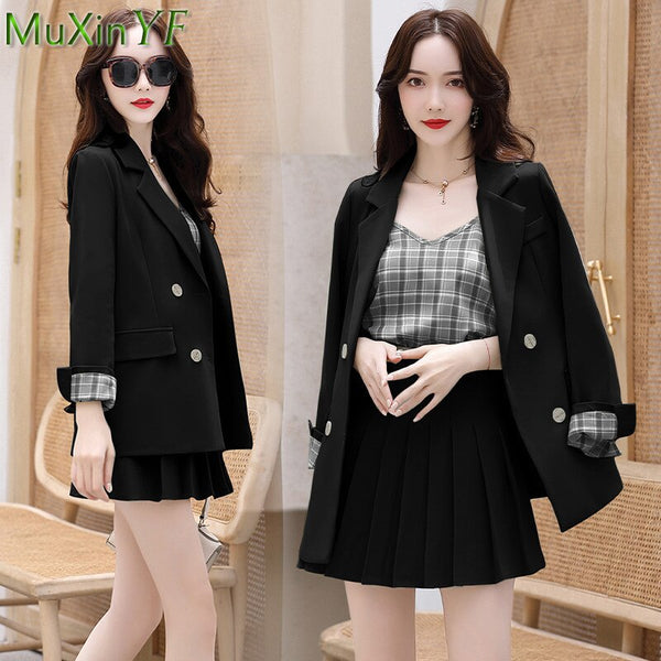 Casual Women Blazer Three Pieces Set 2023 Spring Autumn Korean Office Lady Work Clothing Graceful Black Coat Sling Skirt Outfits