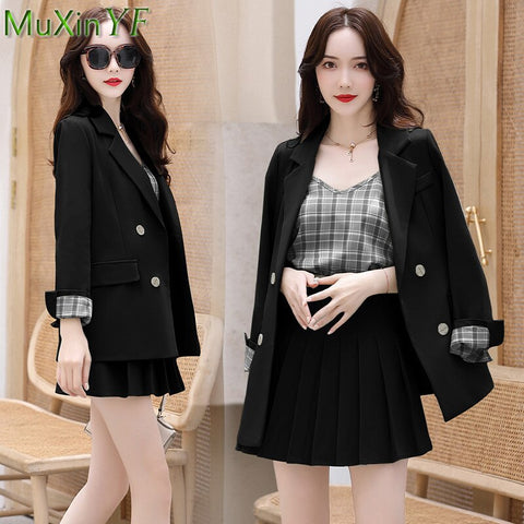 Casual Women Blazer Three Pieces Set 2023 Spring Autumn Korean Office Lady Work Clothing Graceful Black Coat Sling Skirt Outfits