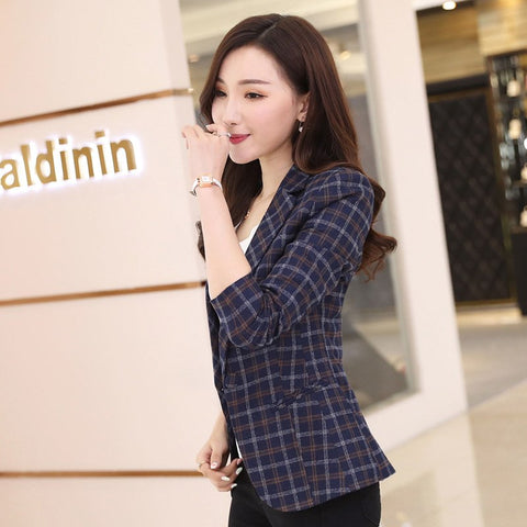 Casual Women Blazers And Jackets With Pockets Plus Size Plaid Blazer Curto Slim Feminino Working Jacket Formal Woman Coat X50052