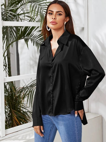 Casual Women Blouse Summer Satin Silk Button Down Shirt Long Sleeve Elegant Office Lady Tops Female Loose Solid Shirts