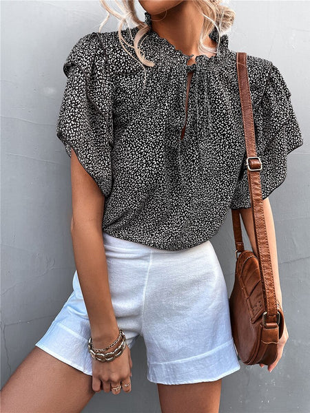 Casual Women Blouses Summer V-neck Printed T Shirts Ladies Ruffles Sleeve Leopard Tops Loose Lace Up Office T-shirt Blusas Mujer