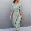 Casual Women Chiffon Dress V Neck Side Wrap Midi Dress Summer Polka Dot Dress Female Puff Sleeve Boho A-line Split Dress