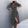 Casual Women Chiffon Dress V Neck Side Wrap Midi Dress Summer Polka Dot Dress Female Puff Sleeve Boho A-line Split Dress