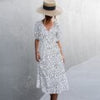 Casual Women Chiffon Dress V Neck Side Wrap Midi Dress Summer Polka Dot Dress Female Puff Sleeve Boho A-line Split Dress