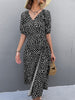 Casual Women Chiffon Dress V Neck Side Wrap Midi Dress Summer Polka Dot Dress Female Puff Sleeve Boho A-line Split Dress