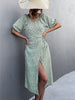 Casual Women Chiffon Dress V Neck Side Wrap Midi Dress Summer Polka Dot Dress Female Puff Sleeve Boho A-line Split Dress