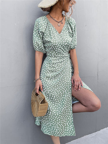 Casual Women Chiffon Dress V Neck Side Wrap Midi Dress Summer Polka Dot Dress Female Puff Sleeve Boho A-line Split Dress