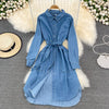 Casual Women Denim Dress Spring Autumn Turn down Collar Long Sleeve Single Breasted Pockets Belted A-line Midi Jeans Dresses