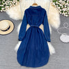 Casual Women Denim Dress Spring Autumn Turn down Collar Long Sleeve Single Breasted Pockets Belted A-line Midi Jeans Dresses