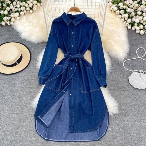 Casual Women Denim Dress Spring Autumn Turn down Collar Long Sleeve Single Breasted Pockets Belted A-line Midi Jeans Dresses