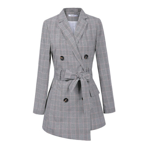 Casual Women Plaid Blazer Jacket Coat Belt Double Breasted Long Blazers Foraml Suit Casual Office Lady Wokr Wear Outwear chifave