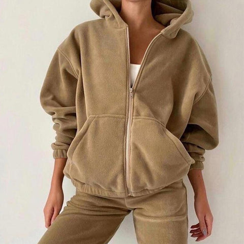 Casual Women Tracksuit Autumn Winter Fleece Hoodie Two Piece Sets Hooded Zipper Outerwear And Harem Pant Suit Streetwear