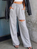 Casual Women Trousers Summer Loose Lace-up Joggers Baggy Hole Cotton Sraight Pants Solid High Waist Sweatpant Streetwear