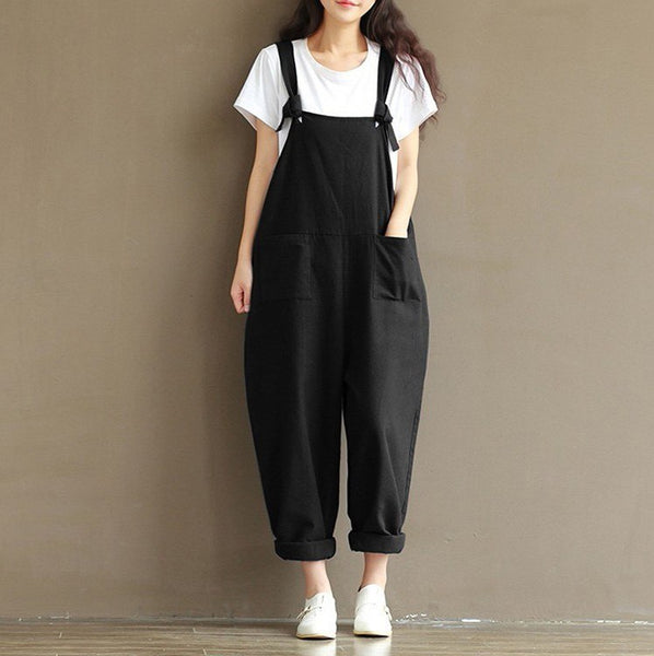 Casual Women's Jumpsuits Fashion Loose Woman Linen Romper Sleeveless Female Cotton Blend Jumpsuits Solid Ladies Harem Rompers