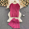 Casual Women's Knitted Suit Solid Color Summer Sweater Set Pullover Two-piece Ladies V-Neck Top Short Pants