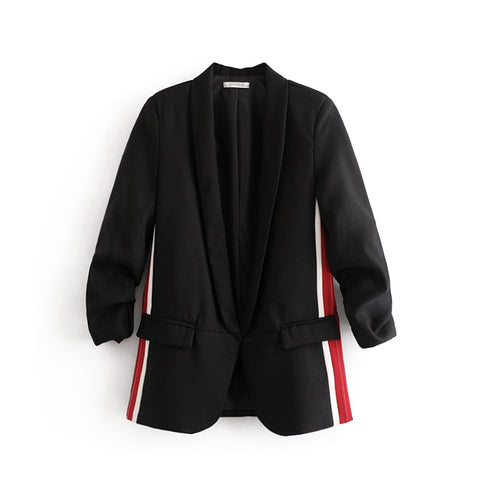 Casual Womens Pure Black Casual Small Suit Lapel Long Sleeve Double Side Red White Vertical Stripe Pocket Decoration Suit