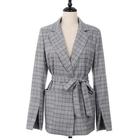 Casual Work Women Gray Plaid Office Lady Blazer Jacket Fashion Bow Sashes Split Sleeve Femme Elegant Blazers with Belt Feminino