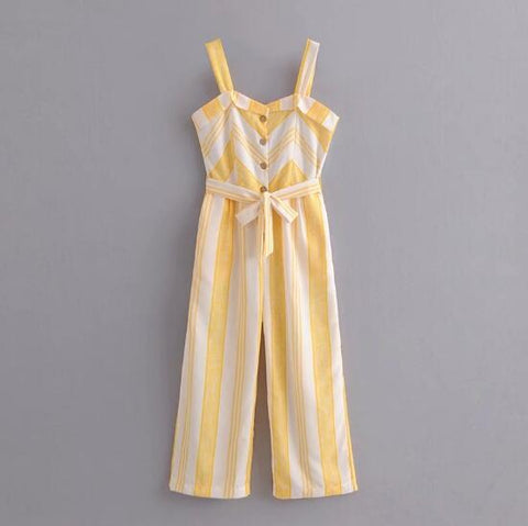 Causal Yellow White Striped Spaghetti Strap Jumpsuit Belt Summer Women With Sashes Full Length Pants Loose Romper Overalls