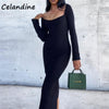 Celandine White Autumn 2022  Winter Sexy Women Long Sleeve Knitted Bodycon Midi Dress Casual Party Club Wrap Sweat Dress