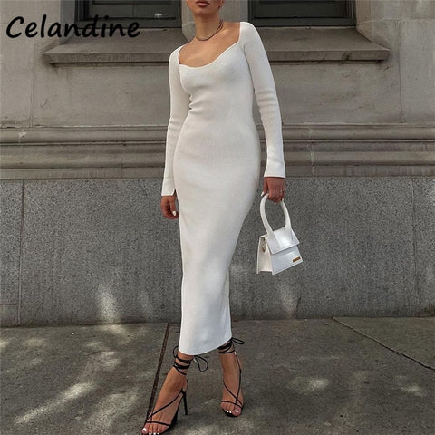 Celandine White Autumn 2022  Winter Sexy Women Long Sleeve Knitted Bodycon Midi Dress Casual Party Club Wrap Sweat Dress