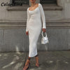 Celandine White Autumn 2022  Winter Sexy Women Long Sleeve Knitted Bodycon Midi Dress Casual Party Club Wrap Sweat Dress