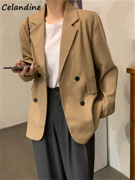 Celandine Women Double Breasted Loose Blazer Office Lady Loose Classic Coat Black Vintage Causal Suit Jacket Female Chic Outwear