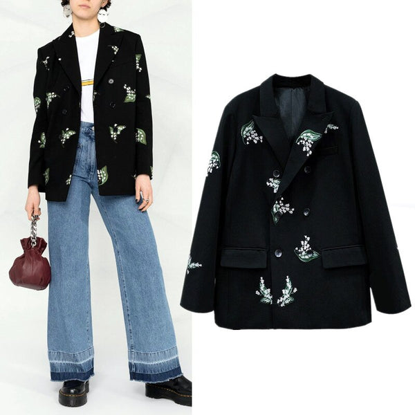 Celebrity Office Work OL Black Jacket Coat Autumn Spring  Embroidery Women Runway Overcoat Long Sleeve SY363