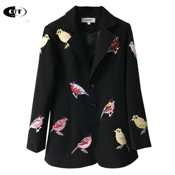 Celebrity Office Work OL Black Jacket Coat Autumn Winter  Bird Embroidery Women Runway Overcoat Long Sleeve Blazer