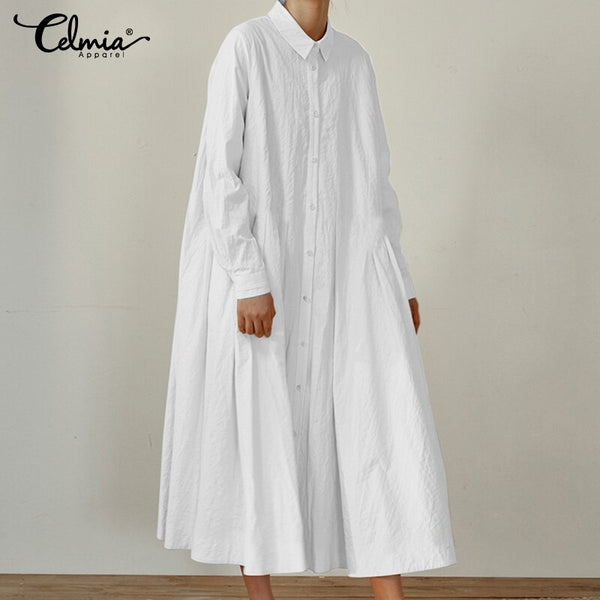 Celmia 2023 Autumn Maxi Long Dresses  Women Shirt Dress Vintage Pleated Long Sleeve Vestidos Casual Party Robe Femme